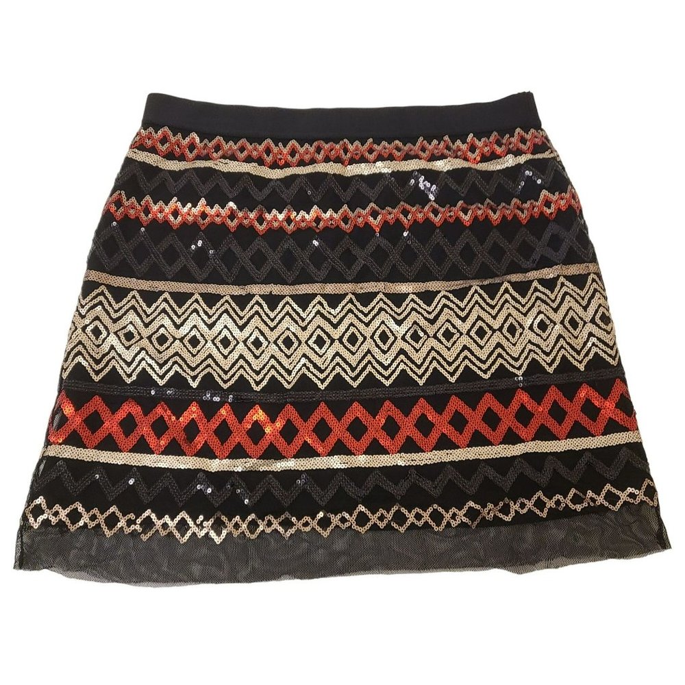 Chelsea & Violet Mini Skirt Black Geometric Sequin Pattern Red Silver XS